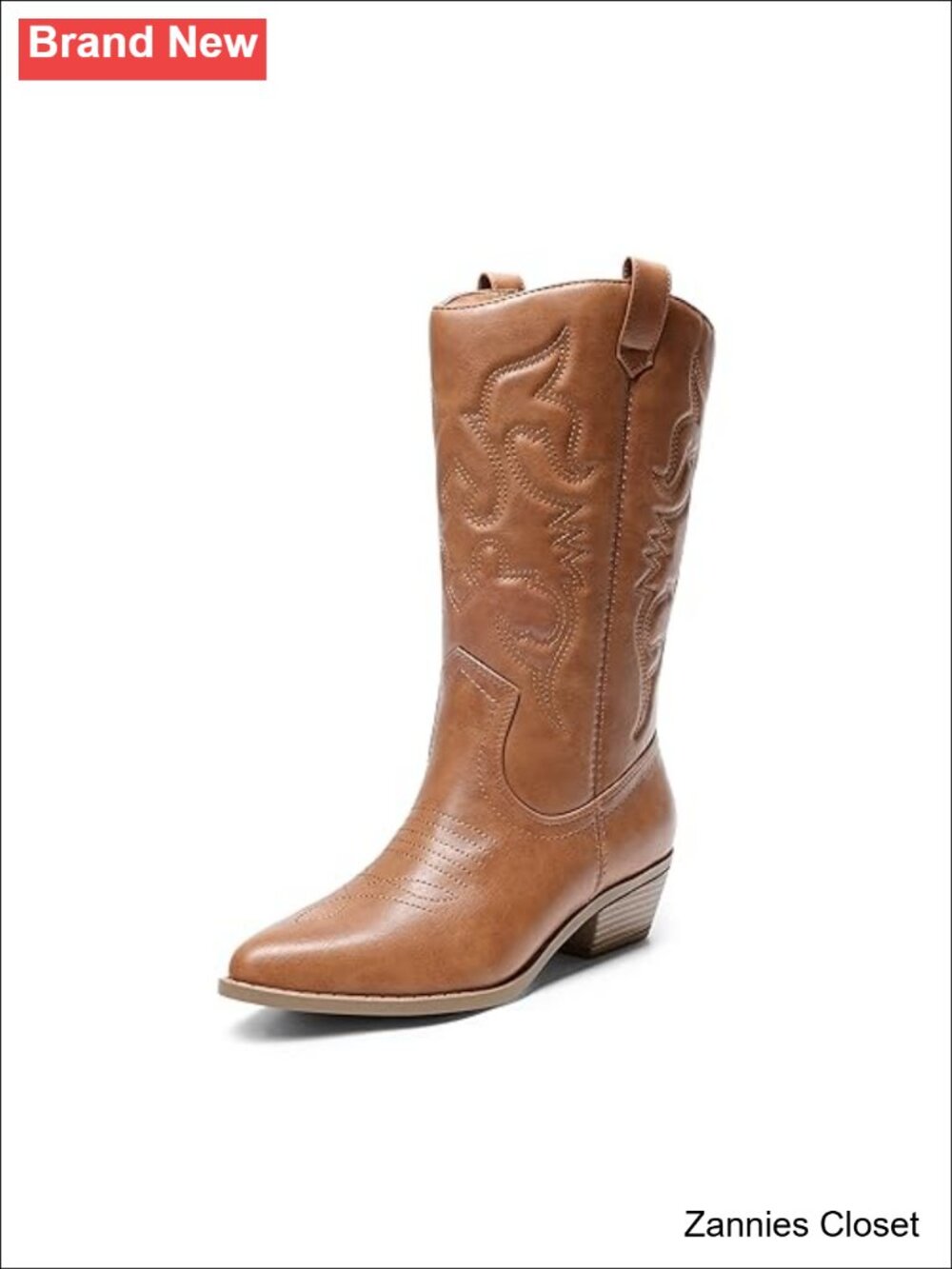 ✨Mid-Calf Western Cowboy Boots Faux Leather Round Toe 1.37in Heel Pull-On